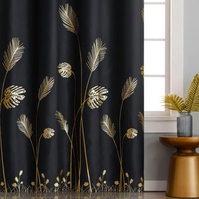 Thermal Insulated Blackout Curtains Long With Field Style Gold Leaf And Wheat Printed Room Darkening Curtains For Living Room Sliding Door, 2 Drapes