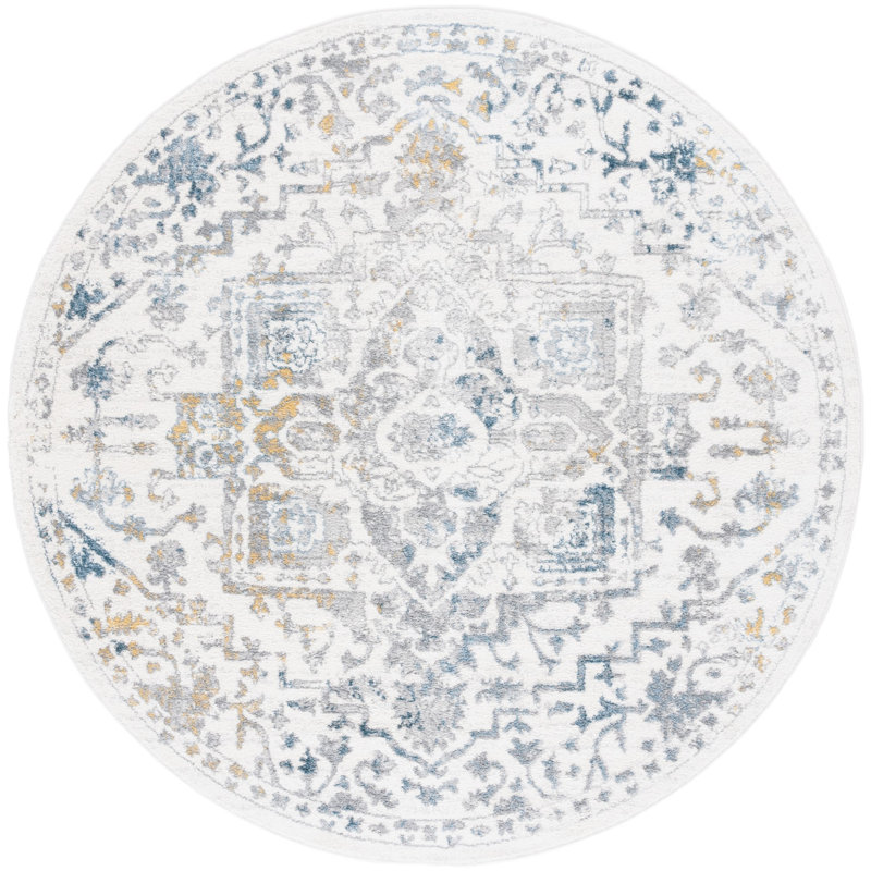 Tapis blanc / bleu Lowrey, Rond 6 pi 7 po