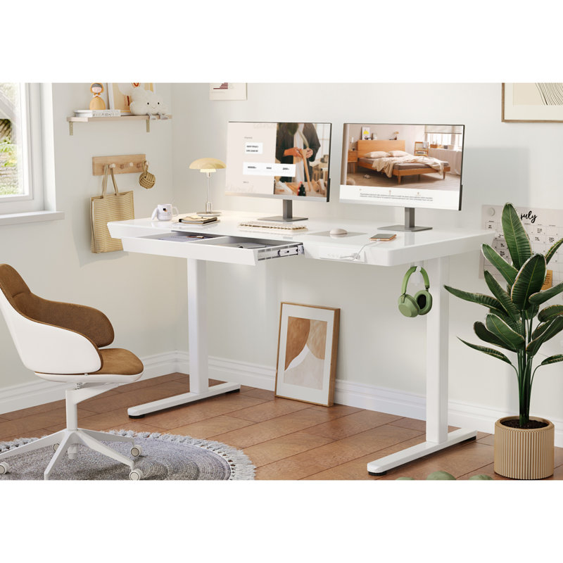 Odbert Tempered Glass Top Height Adjustable Standing Desk, Computer Desk with Drawer and USB Charge, Black