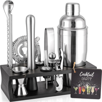 Ensemble barman pour bar à cocktails avec support 17 pièces Ensemble pour bar à boissons Accessoires pour chariot de bar: Martini Shaker, mélangeur, jigger, broyeur, crépine et cadeaux de recettes