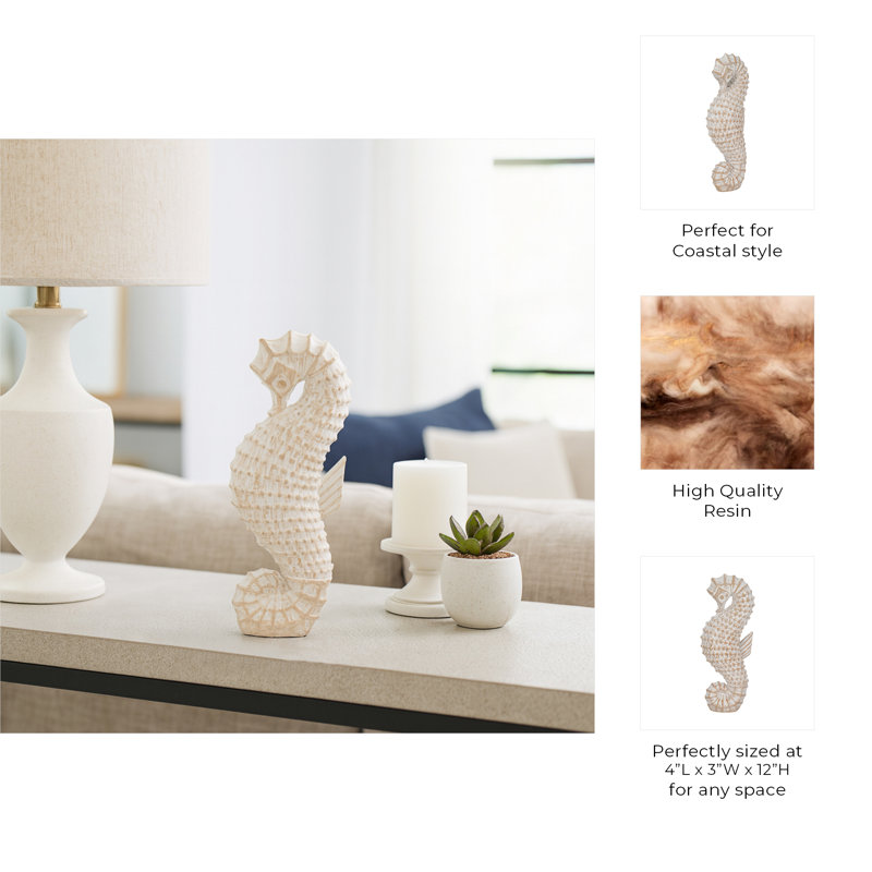 Decorative Resin Seahorse Sculpture Figurine for Home Decor - Unique Statue Accent for Living Room Decorations or Tabletop Styling - 12", White & Brown