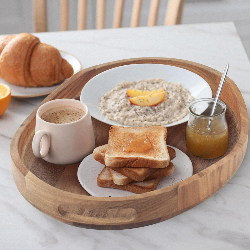 Acacia Wood Decorative Serving Tray with Handles, 17" x 13" Round