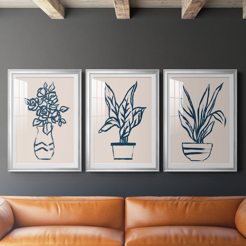 Marine Plant Sketches I - ensemble de 3 reproductions de cadres photo, Cadre argenté, H 53 po x l 36,5 po x P 2,5 po