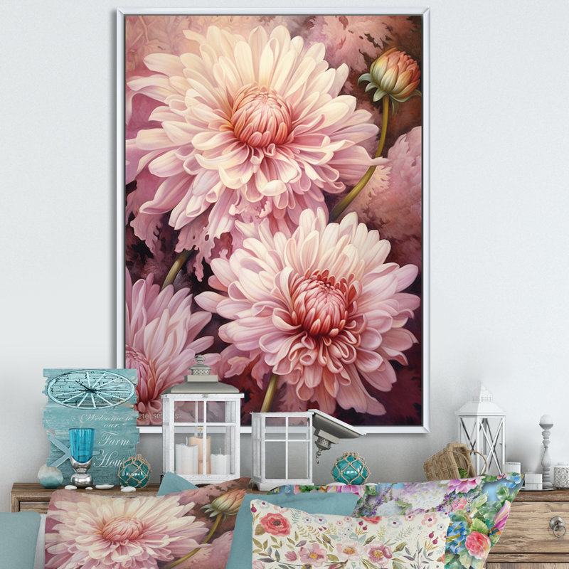 «Pink White Natures Chrysanthemums Melody II», reproduction sur toile, H 20 po x l 12 po x P 1 po, Cadre flottant blanc