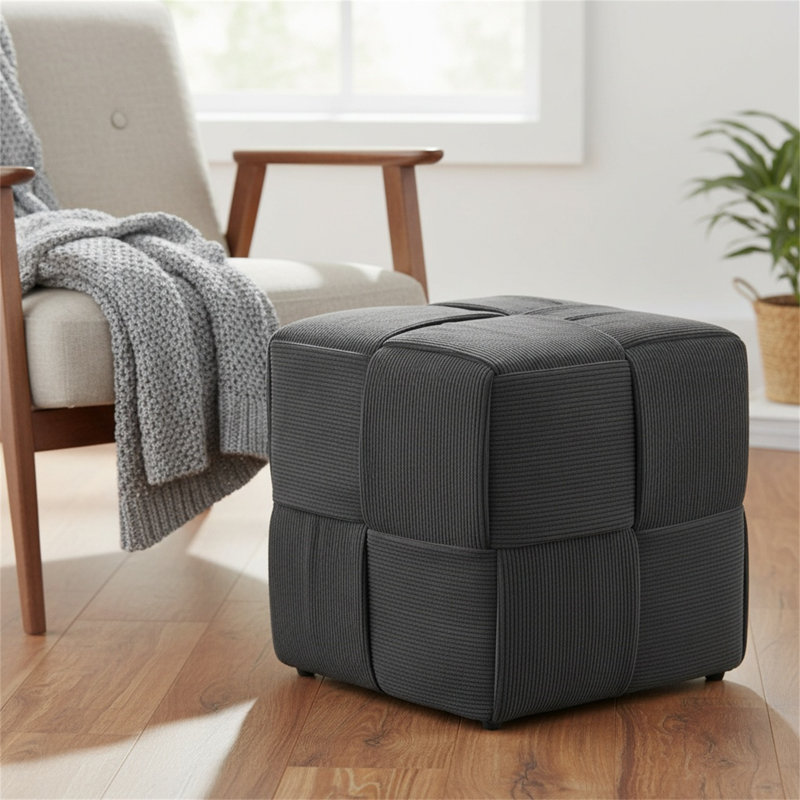 Square Ottoman Footstool, Soft And Comfortable Corduroy Woven Design Sofa Stool, Black