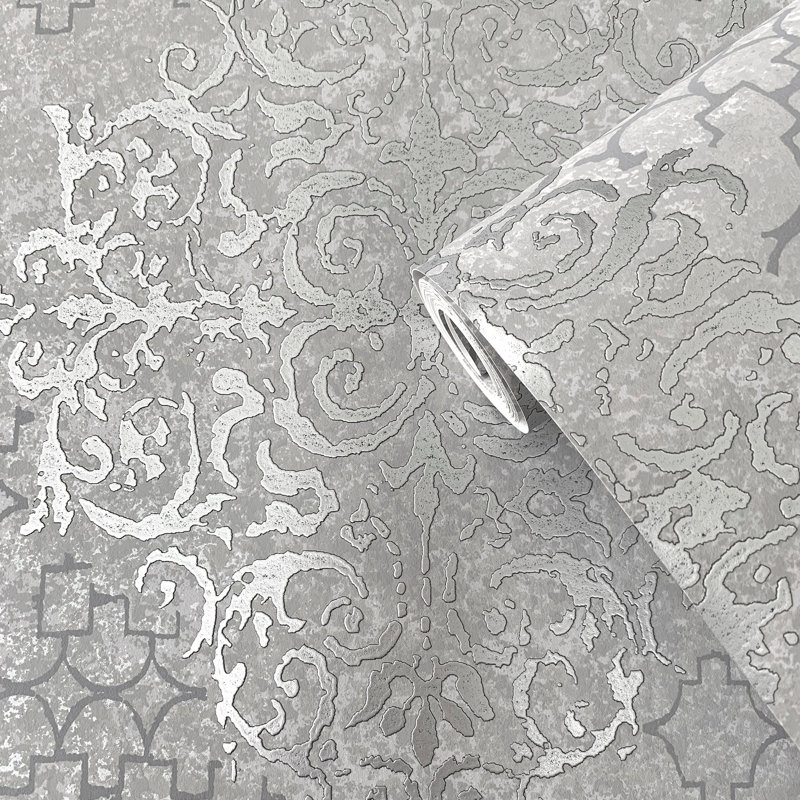 Lustre Collection Metallic Embossed Damask 10.05m x 53cm Wallpaper Roll, Silver