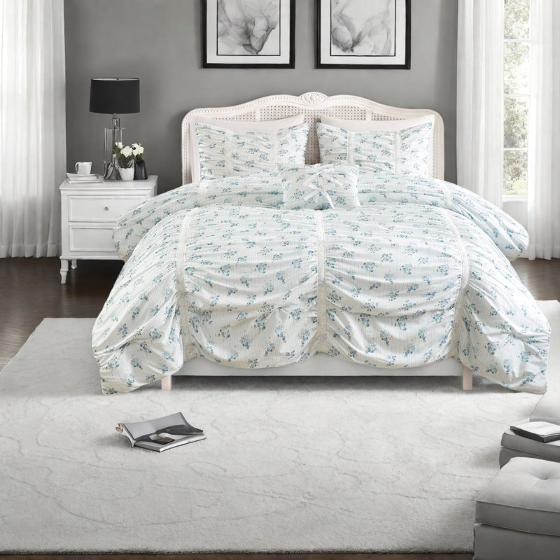 Piece Twin/Twin XL Bedding Sets, Blue Ruched Floral Microfiber for Bedroom