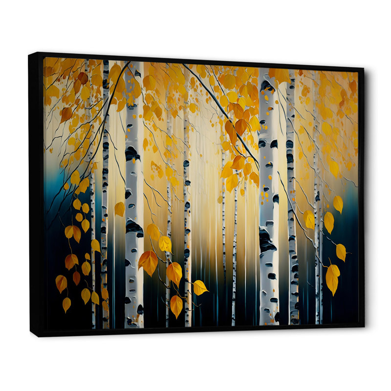 Into A Golden Birch Forest I - Paysage, art mural sur toile, Cadre d'angle fermé noir, H 12 po x l 20 po x P 1 po
