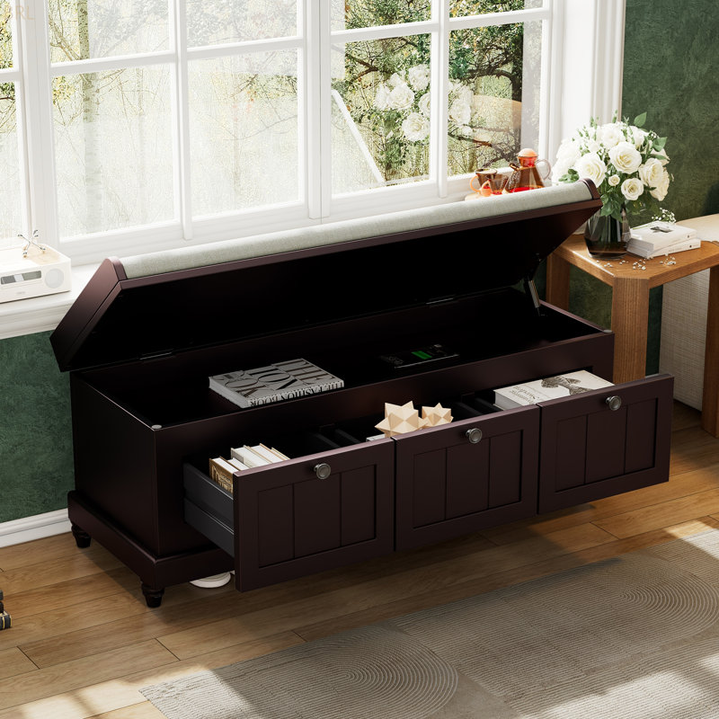 TREXM Classic Shoe Bench With Cushion And Three Drawers, Fluted Entryway Bench With Storage For Living Room, Entryway, And Hallways
