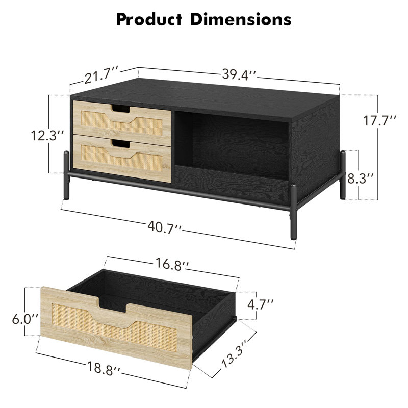Table basse en rotin avec lumières à DEL, table basse moderne Mid-Century avec 4 tiroirs et tablette de rangement ouverte