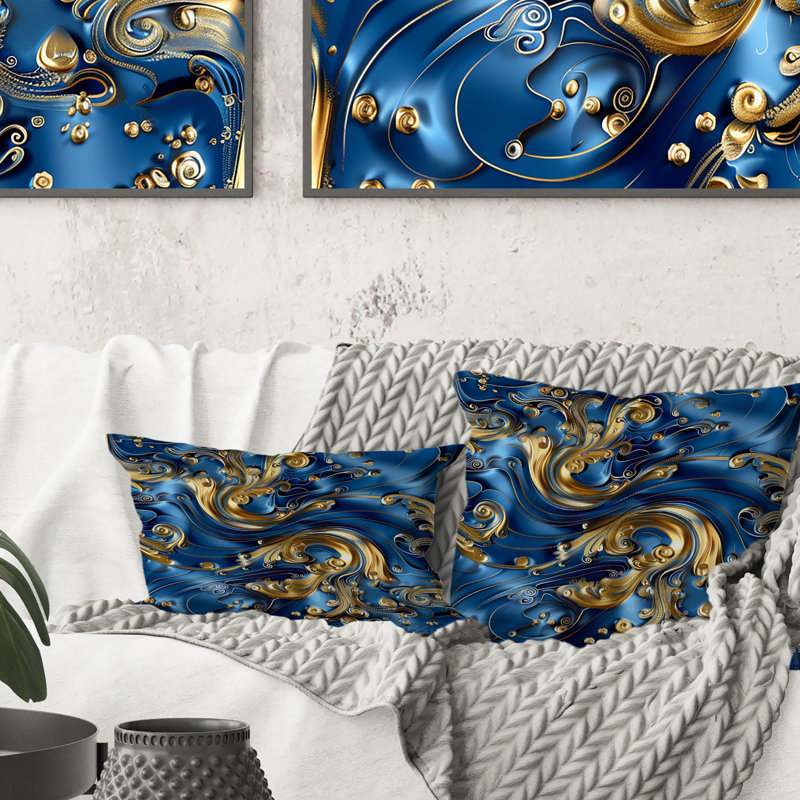 Gold Blue Glam Waves - Gold Lumbar Pillow