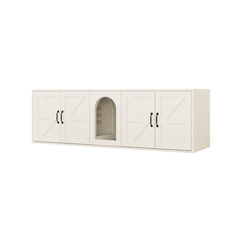 Enceinte de litière pour 2 chats, litière moderne avec lit double, litière en bois avec porte pour chat, L 59,05 po x l 17,71 po x H 18,89 po, blanc