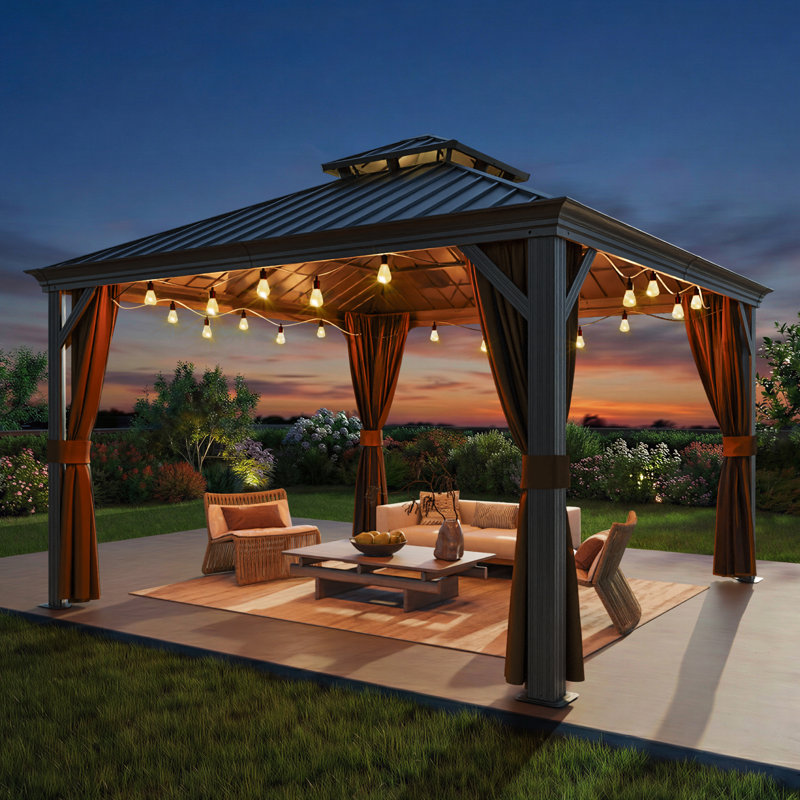 Outdoor Aluminum Hardtop Gazebo equipped with a double-layer roof, curtains, and mosquito net