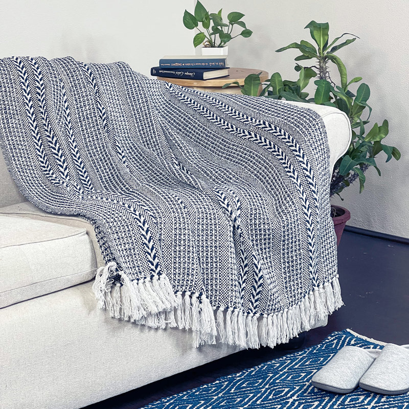 Jeté 100% coton, Bleu marine/blanc