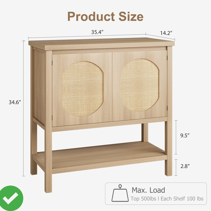 Table d'appoint 35,5 pouces avec console en rotin et table d'appoint avec armoire de rangement et tablette ouverte