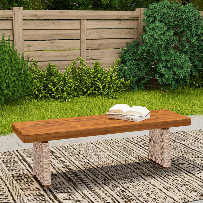 Banc d'extérieur en bois d'acacia 1 pièce, finition teck + osier brun, Brown,Teak