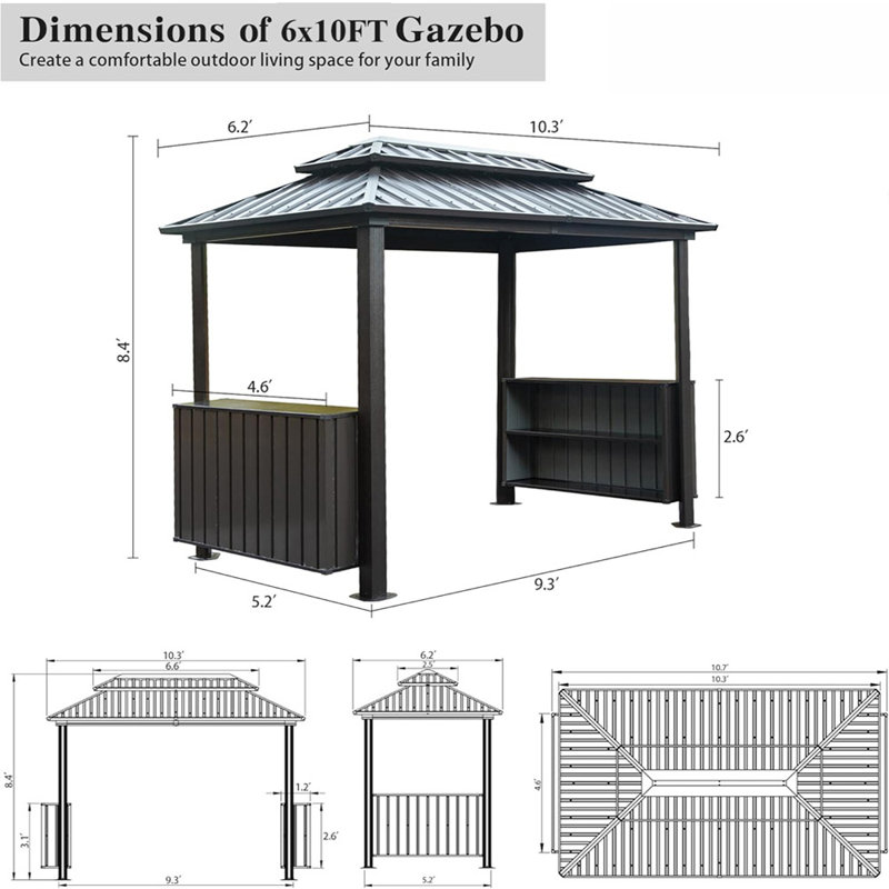 6.5 Ft. X 12 Ft. Outdoor BBQ Patio Hard Top Grill Gazebo With Classic Roof, 2 Side Cabinets With Ceiling Hooks