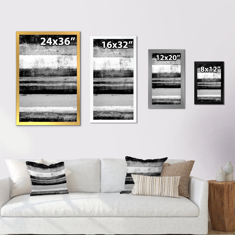 Black And White Abstract Bands - Print on Canvas, Black Picture Framed, 20" H x 12" W x 1" D