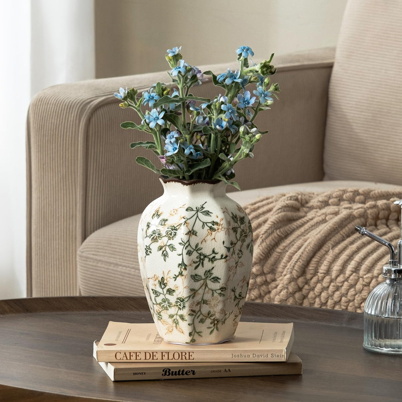 Vintage Pastoral Octagonal Ceramic Vase, Green And Beige Retro Flower Vase, Rustic Farmhouse Chinoiserie Small Vase For Home Decor Living Room Kitchen Shelf