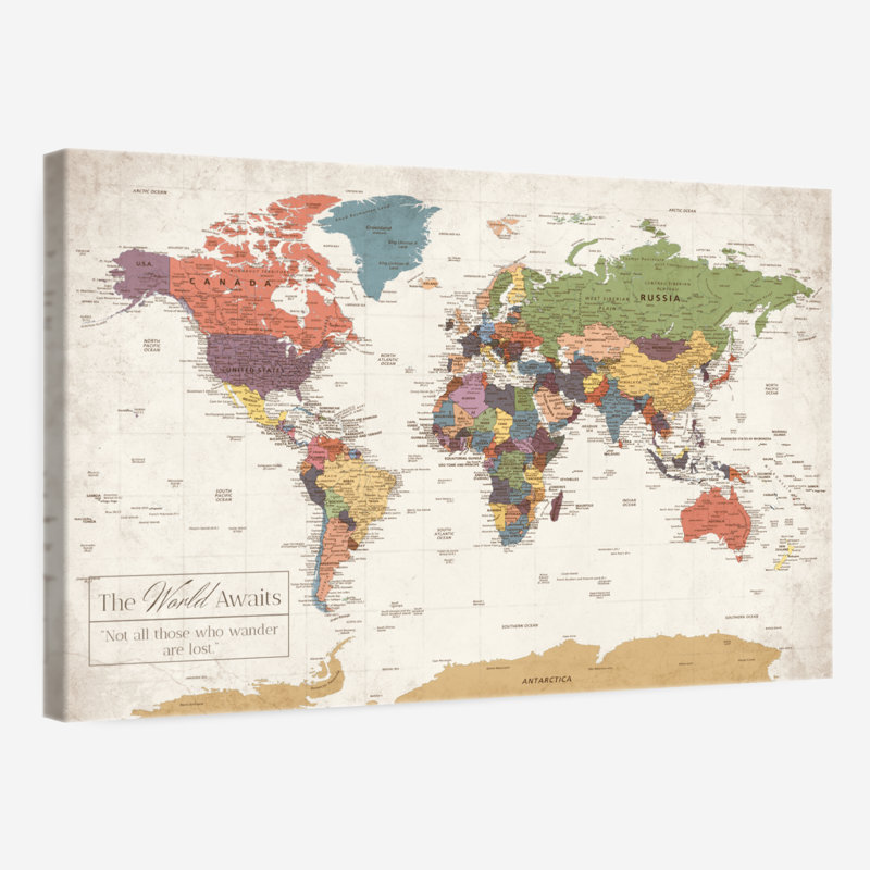 Carte du monde sur punaise, H 24 po x l 16 po x P 1,25 po
