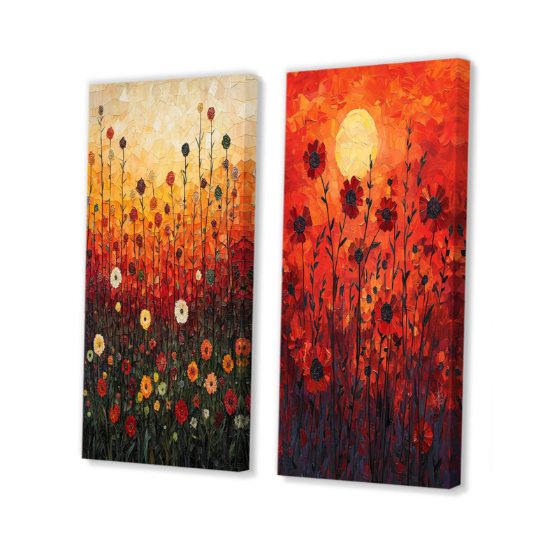 Red Sunset Wildflowers Glory I - Art mural floral, collection 2 panneaux, H 28 po x l 25 po, Toile tendue
