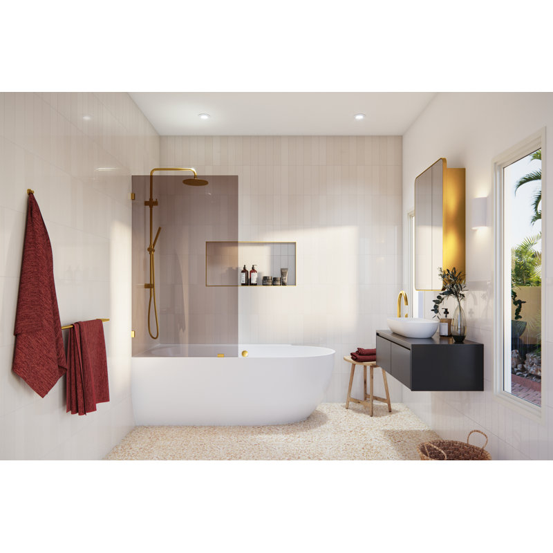 Ursa 34 in. x 58.25 in. Frameless Bronze Tinted Single Fixed Bath Panel, Satin Brass