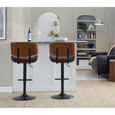 Tabouret de bar réglable avec pivot en métal noir, bois de noyer et similicuir espresso avec repose-pieds droit en T - ensemble de 2