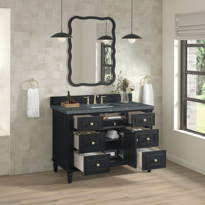 Lorelai 48'' Single Bathroom Vanity with Top, Black Onyx, Parisien Bleu Quartz, 8" Widespread