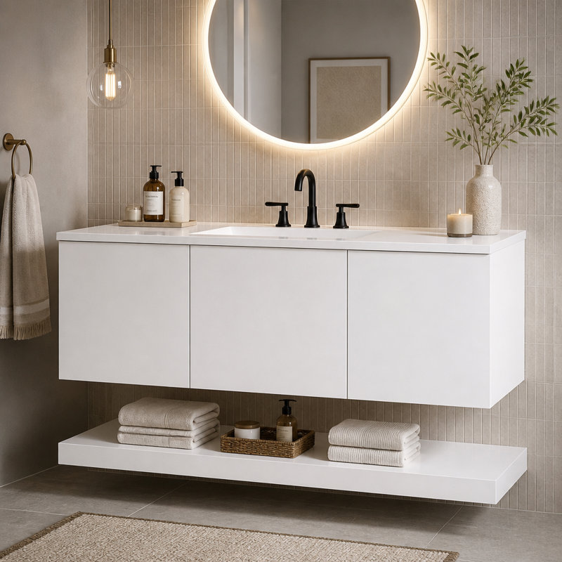 Ensemble de meuble-lavabo flottant mural 48 po avec lavabo composite, 3 tiroirs et tablette ouverte