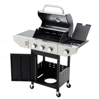3 grils en acier inoxydable avec brûleur latéral, 37 000 - Barbecue extérieur pour patio et jardin, 3 brûleurs au gaz propane noir / argent, cuisson,