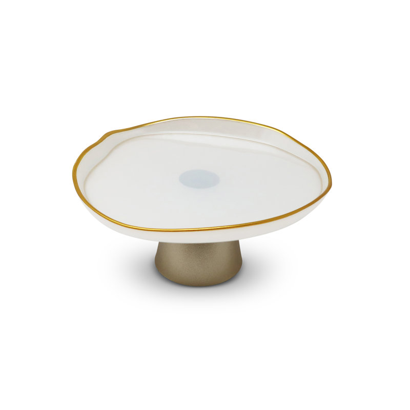 Organic Shaped Cake Plate with Gold Detail, 8.25" W x 6" H x 8.25" D, White/Gold