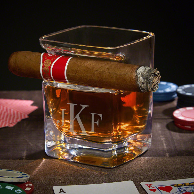 Whiskey Glass with Cigar Holder, Personalized, Yes
