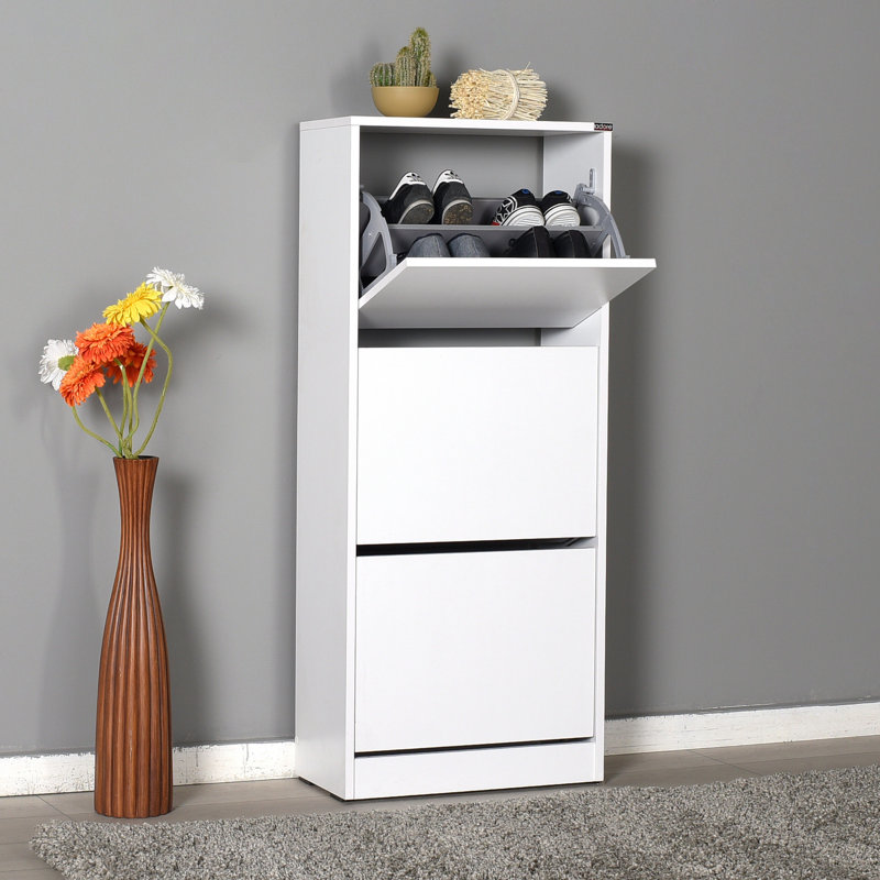 Armoire à chaussures moderne, blanc, 20,1 po x 46,9 po x 10,2 po | 100% panneau de particules enduit de mélamine, épaisseur: 0,6 pouce | 3 tiroirs et de nombreuses tablettes, fixation murale | Solution de rangement élégante pour le vestibule et le couloir