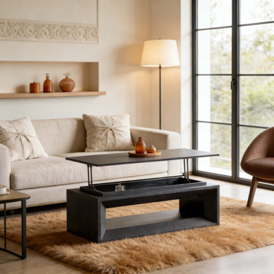 43.3'' Lift Top Rectangle Coffee Table with Storage, Modern Wood Veneer MDF Coffee Table with Floating Tabletop, Convertible Rising Tabletop for Living Room,  Office, Black