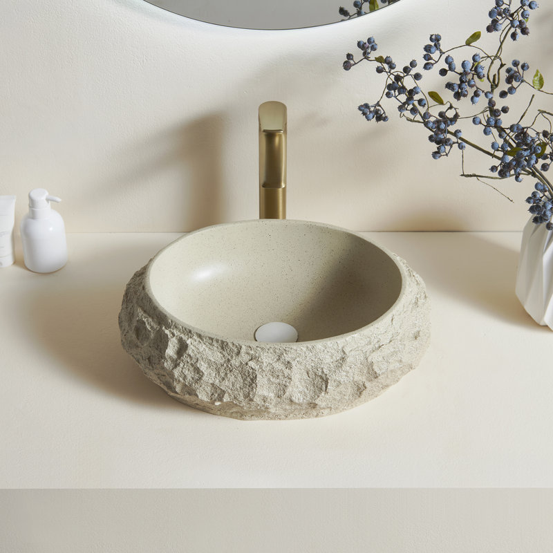 Luna 18'' Bathroom Sink, Irregular Oval Resin Vessel Basin With Stone Pattern, Artistic Style Sink, No Faucet, Beige Color 