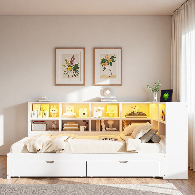 Lit de jour moderne avec 2 tiroirs de rangement, armoires de rangement, lumière DEL et ports USB, Blanc