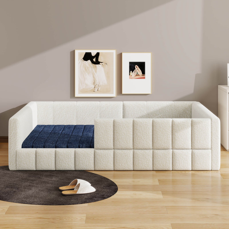 Woollen Upholstered Montessori Floor Bed, Low Profile Bed With Guardrails, No Box Spring Needed, Twin
