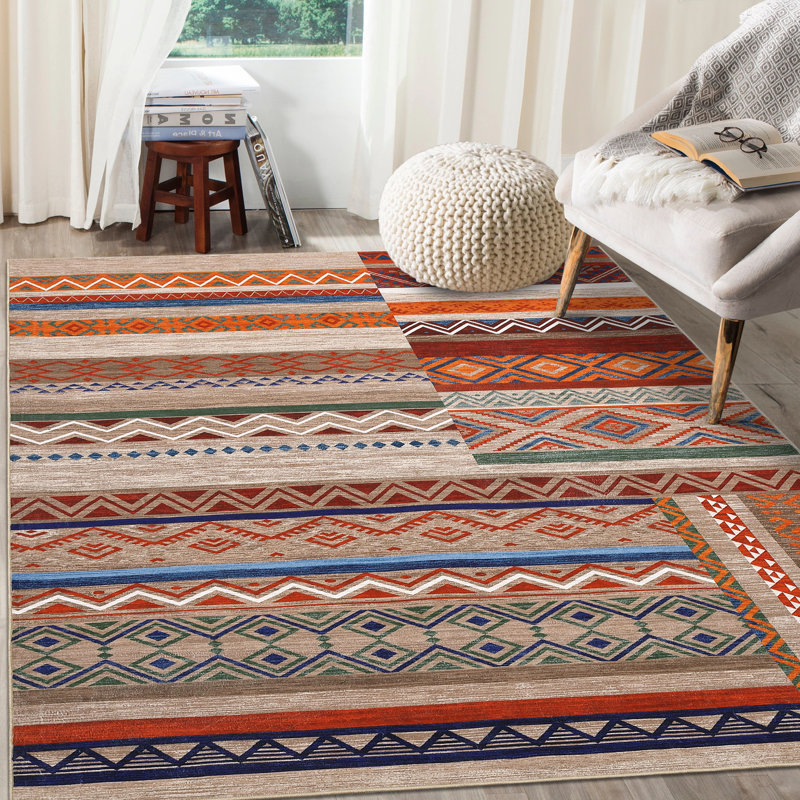 Geometric Machine Washable Rug for Living Room Bedroom Striped Non-Slip Low Pile Rubber Backing Area Rug for Playroom Office Kitchen Dining Room Dorm and Bedside Decor
