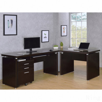 L-Shaped Desk, Cappuccino with Mobile File Cabinet