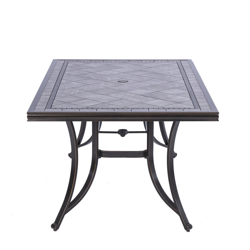 66.2'' W Rectangular Cast Aluminum Outdoor Dining Table with Ceramic Top and 2'' Umbrella Hole