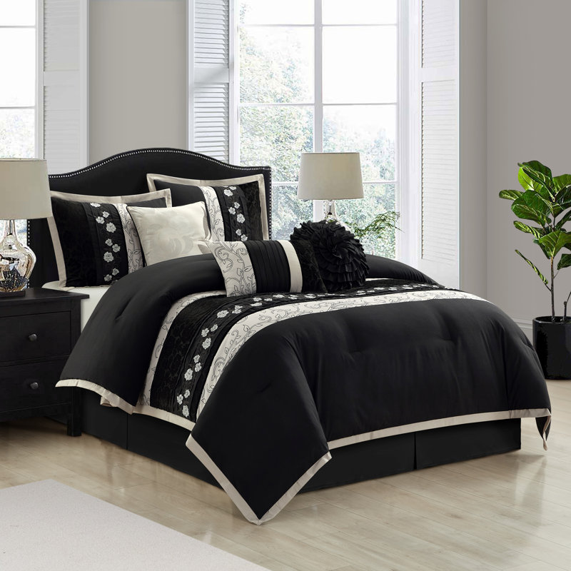 Ensemble d'édredon style glam 7 pièces Riley, Très grand, Noir