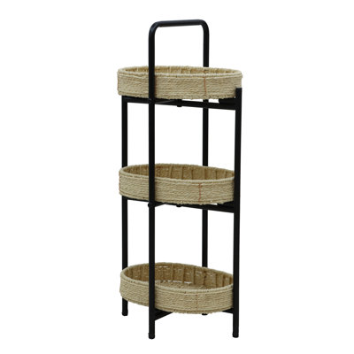 1pc 3 Tiers Tray Table | Natural Paper Rope Woven Side Table, 11.81x8.26x28.74in Metal Frame, Detachable Tray/multi-storage, For Living Room/kitchen (oval Storage Basket)