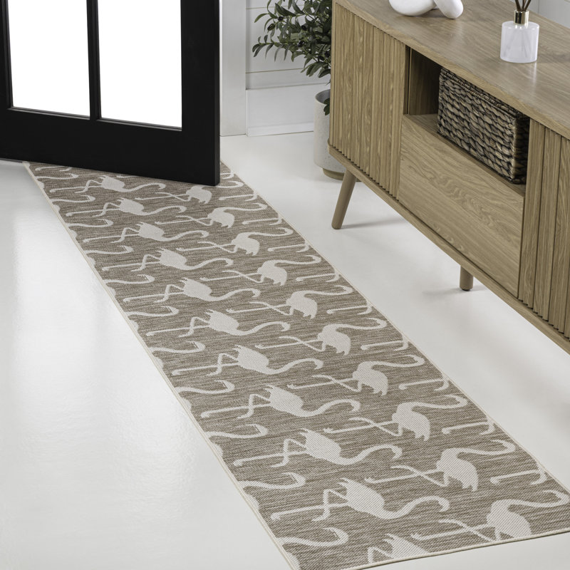 Cindia Casual Coastal Flamingos Two-Tone Beige/White Indoor/Outdoor Rug, Runner 2' x 7'10"