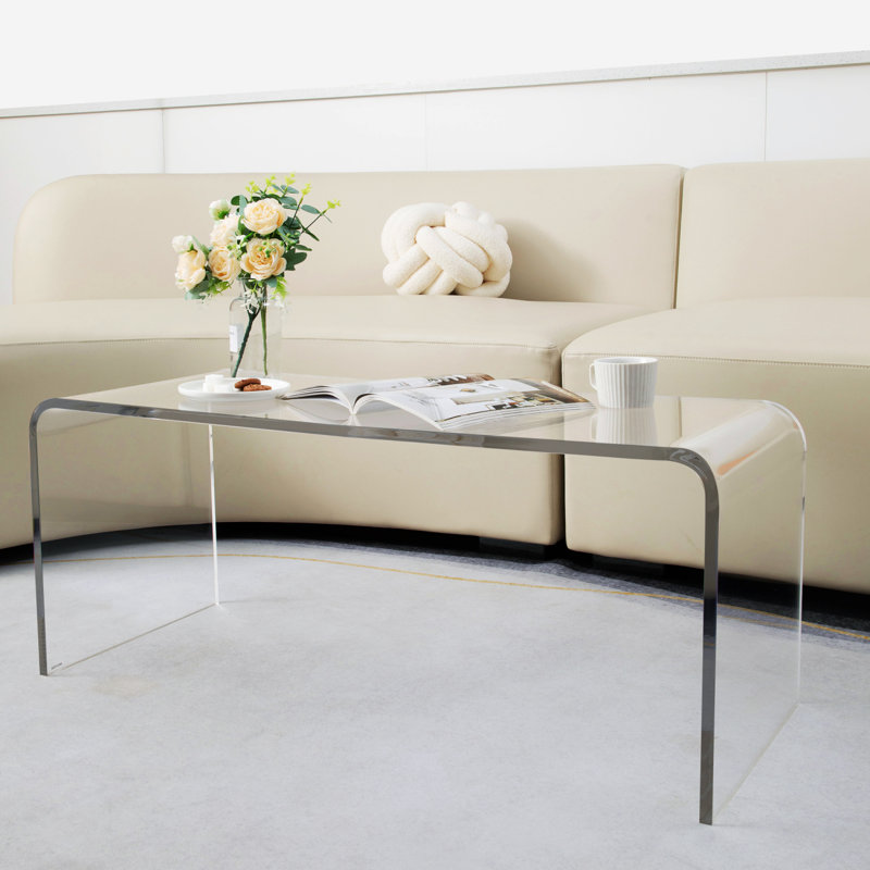 Table basse 39,25 "de long rectangulaire en acrylique avec cascade de 15 mm d'épaisseur, transparent