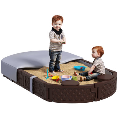 Qaba Kids Sandbox with Cover, Oval Sand Pit with 4 Seats, Waterproof Bottom Liner, Weather Resistant Outdoor Sand Box for Backyard, Lawn, Garden, Beach, Patio, Brown