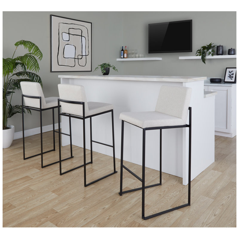 Tabouret de bar 30 po contemporain à dossier haut avec assise en tissu et structure en acier - ensemble de 3, Beige / tissu