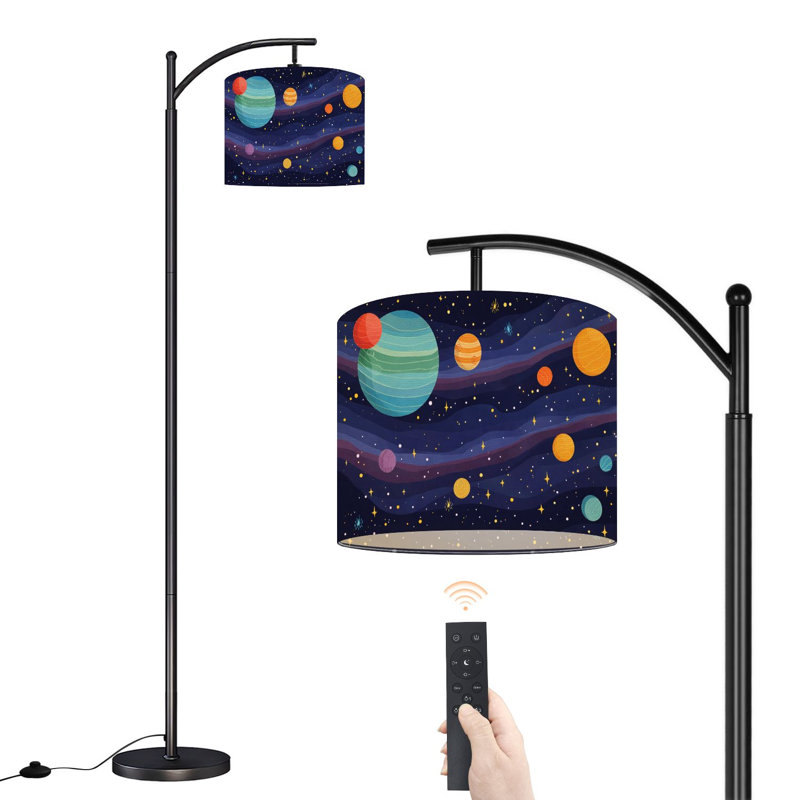 Lampe sur pied à arc avec abat-jour réglable Planètes de l'espace de style caricature Lampe sur pied à système solaire 3 températures de couleur à haut gradateur avec interrupteur au pied pour la chambre à coucher