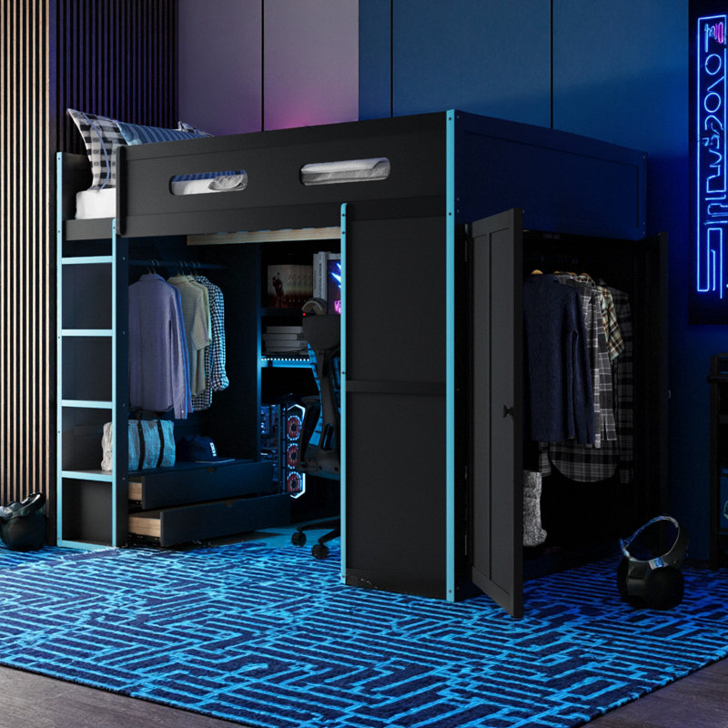 Lit mezzanine double pleine grandeur avec bureau intégré, éclairage RVB, charge USB et grand espace de rangement pour les enfants et les adolescents