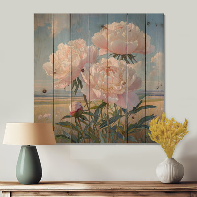 Pivoines à la ferme VI - Décoration murale en bois de pivoines - sur bois de pin naturel