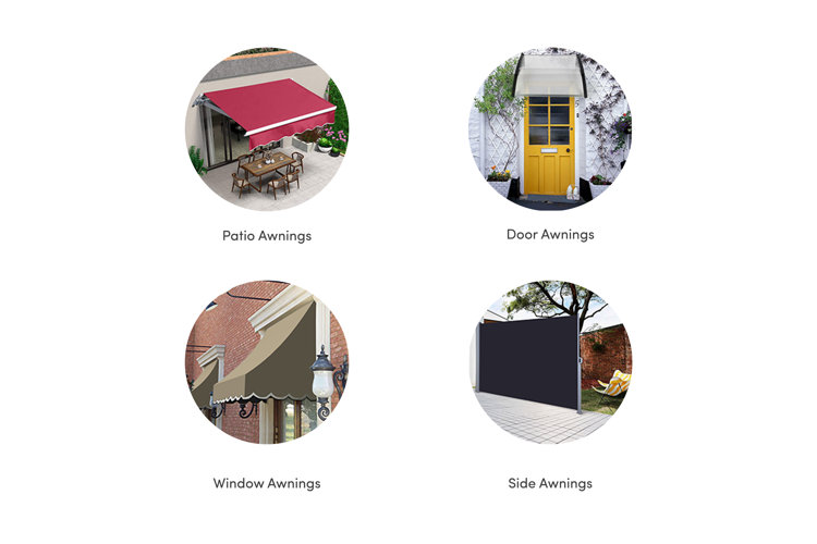 types of awnings collage including patio, door, window, and side awnings